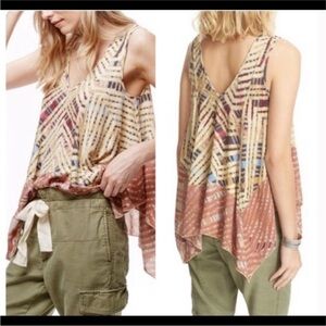 Free People Sleeveless Geometric Handkerchief-Hem Tank in Beige, Rust & Blue